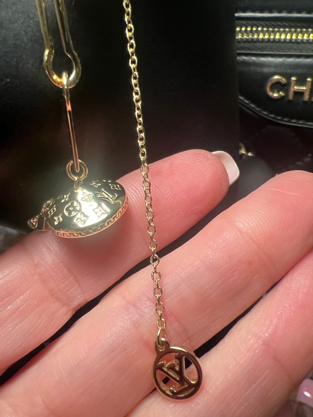 Gold Tone Engraved Dome Charm Necklace with Logo Disc - Picture 3 of 11